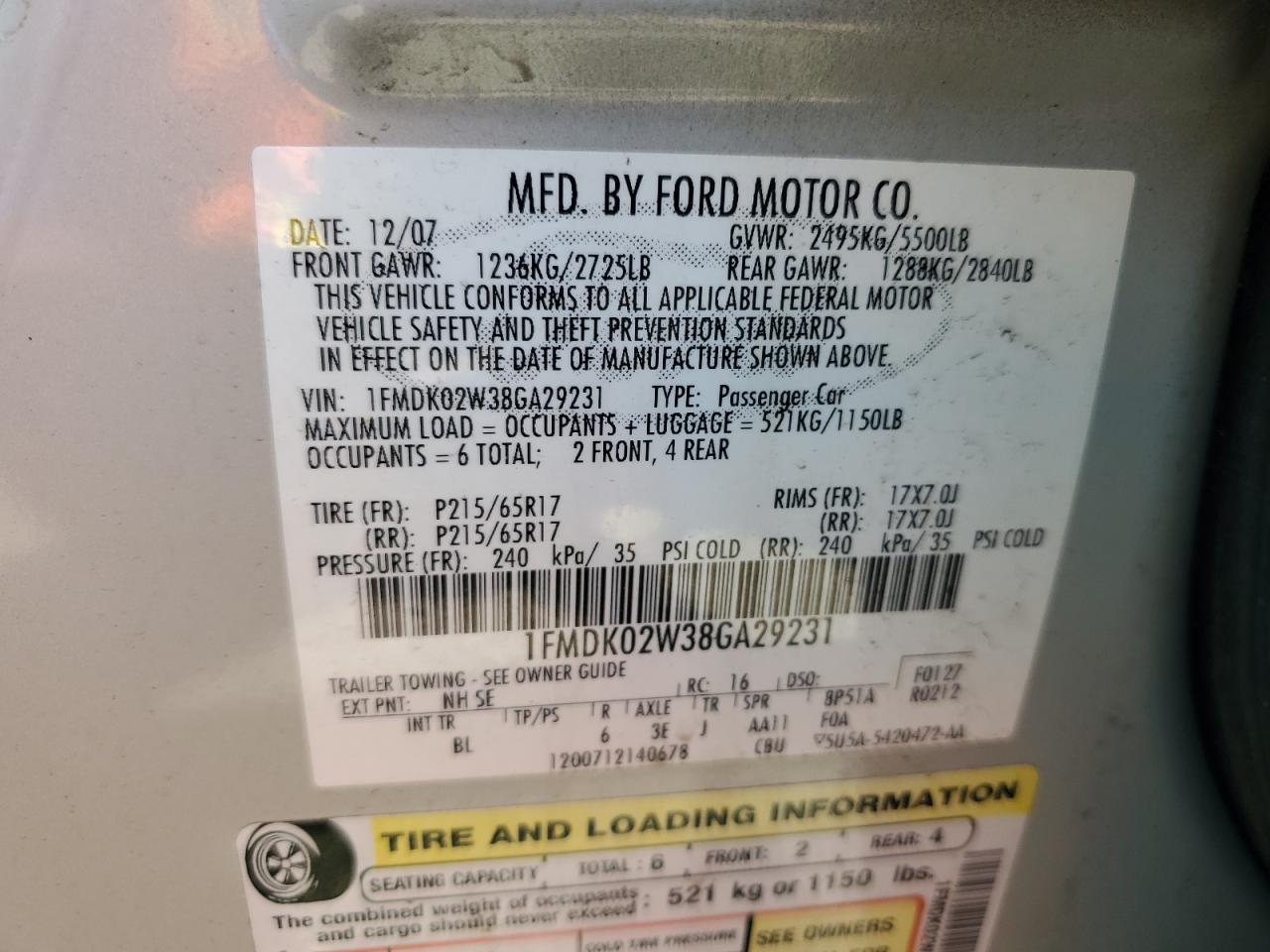 1FMDK02W38GA29231 2008 Ford Taurus X Sel