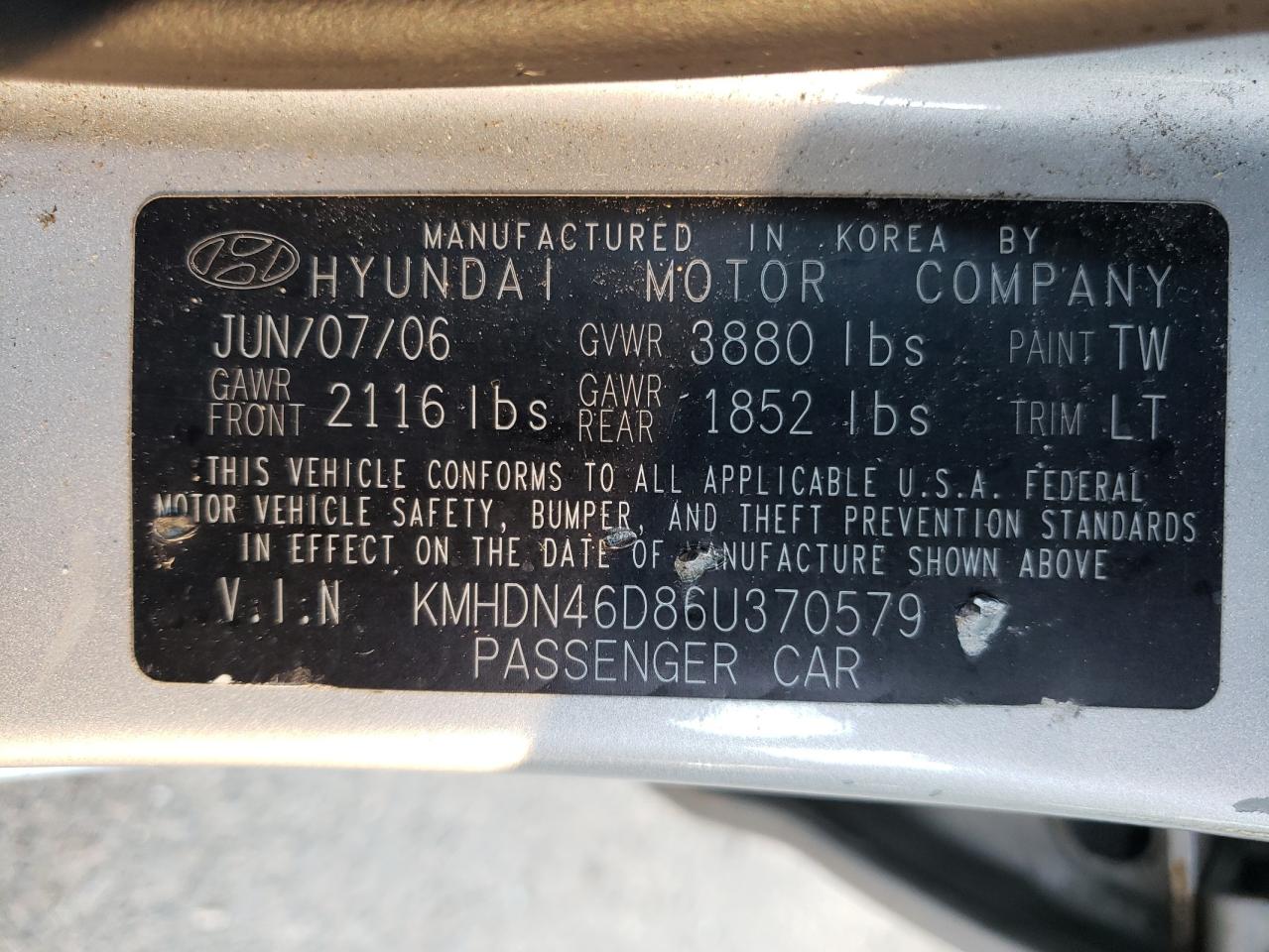 KMHDN46D86U370579 2006 Hyundai Elantra Gls