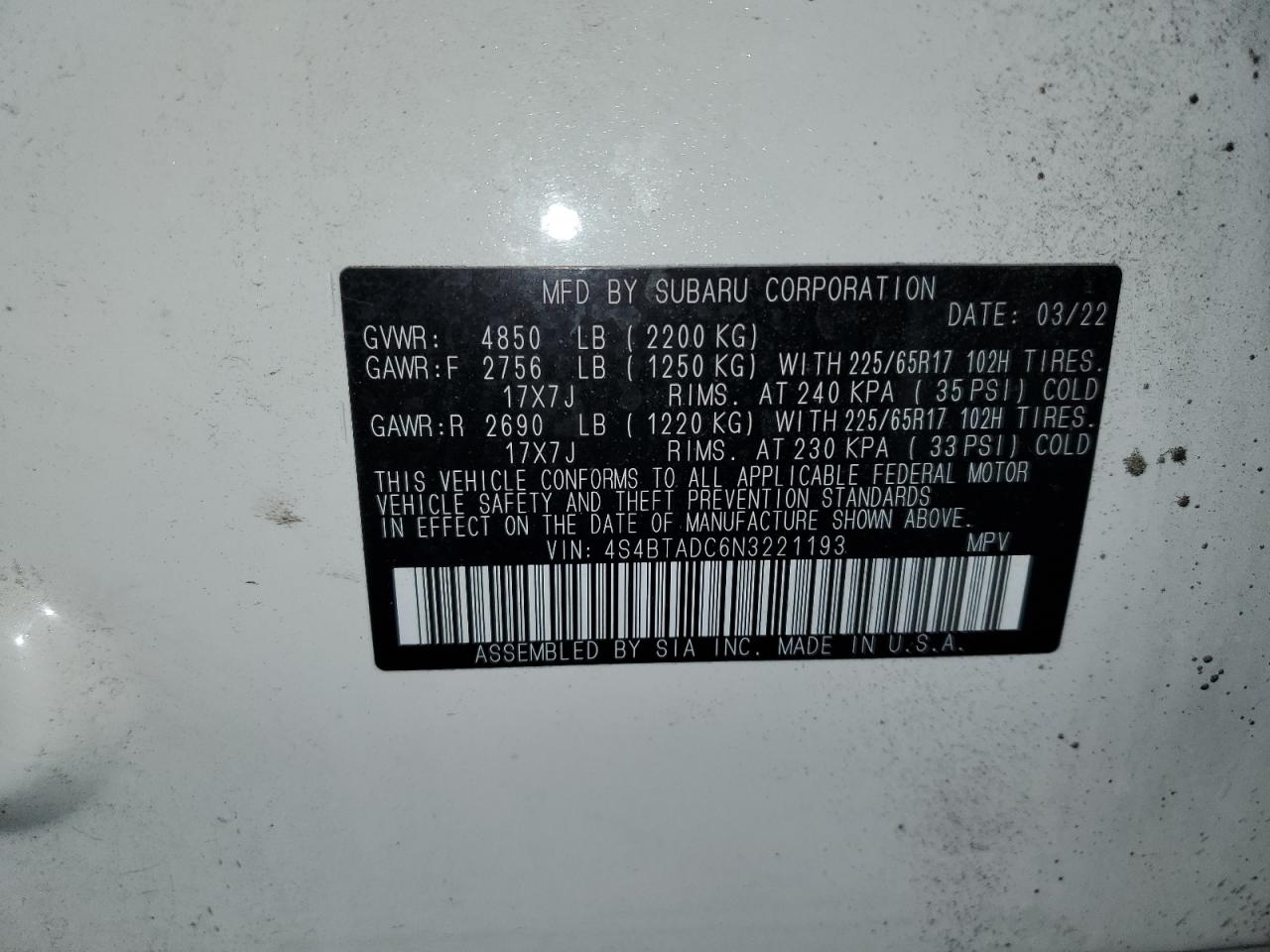 4S4BTADC6N3221193 2022 Subaru Outback Premium