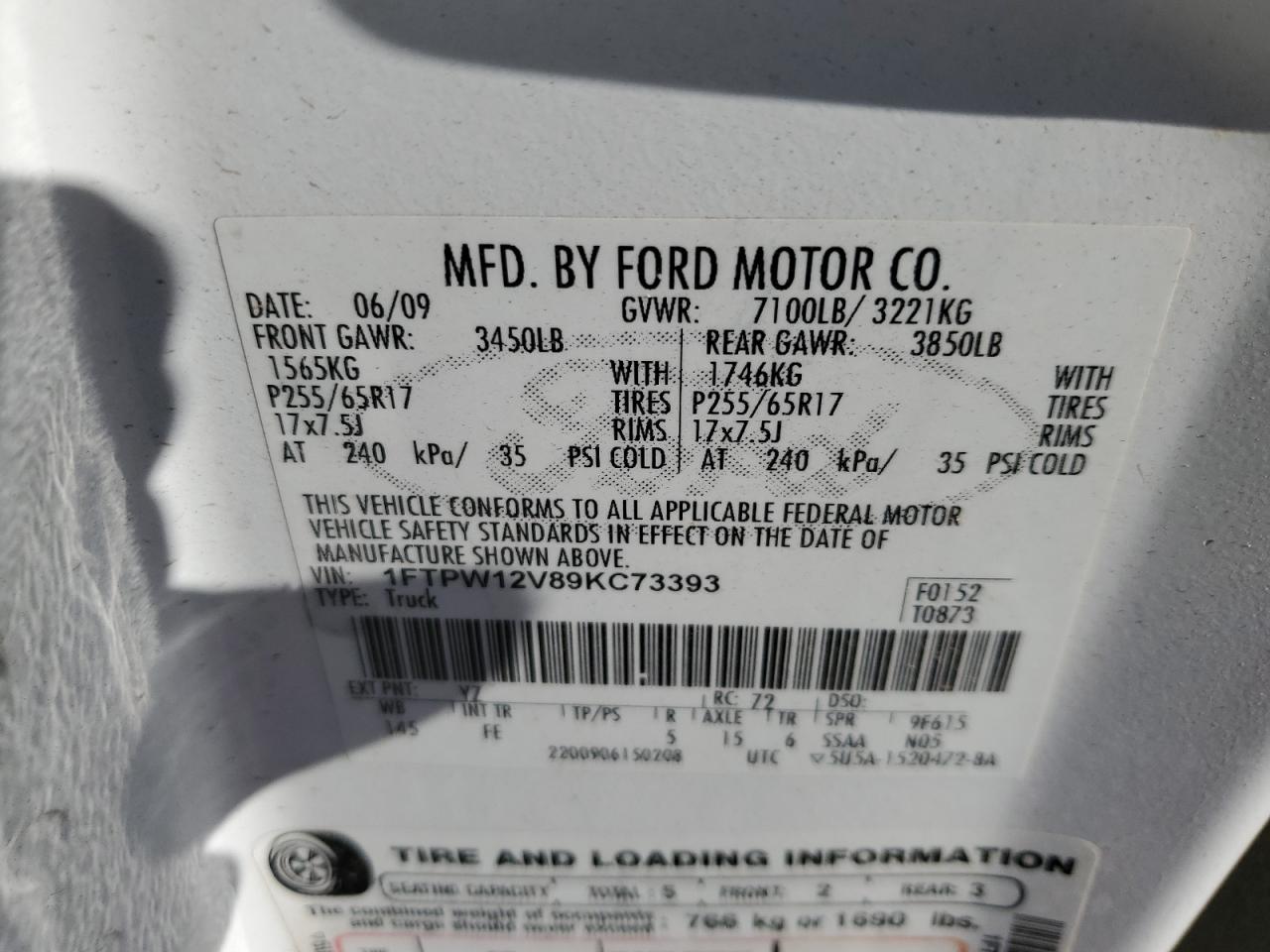 1FTPW12V89KC73393 2009 Ford F150 Supercrew