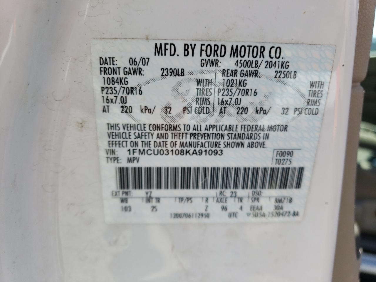 2008 Ford Escape Xlt VIN: 1FMCU03108KA91093 Lot: 73238194