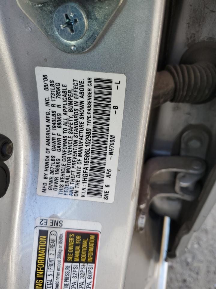 1HGFA16586L102980 2006 Honda Civic Lx