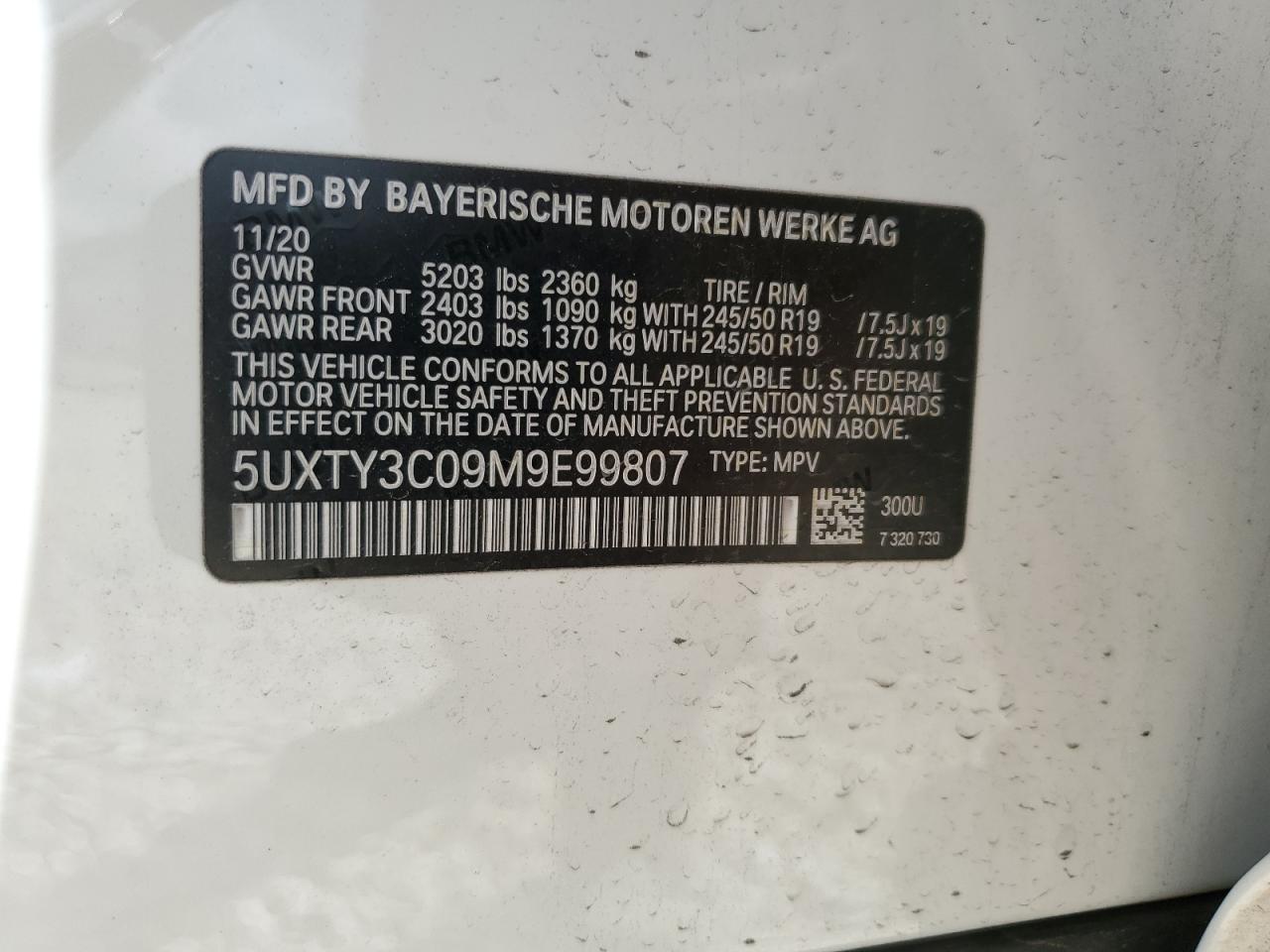 5UXTY3C09M9E99807 2021 BMW X3 Sdrive30I