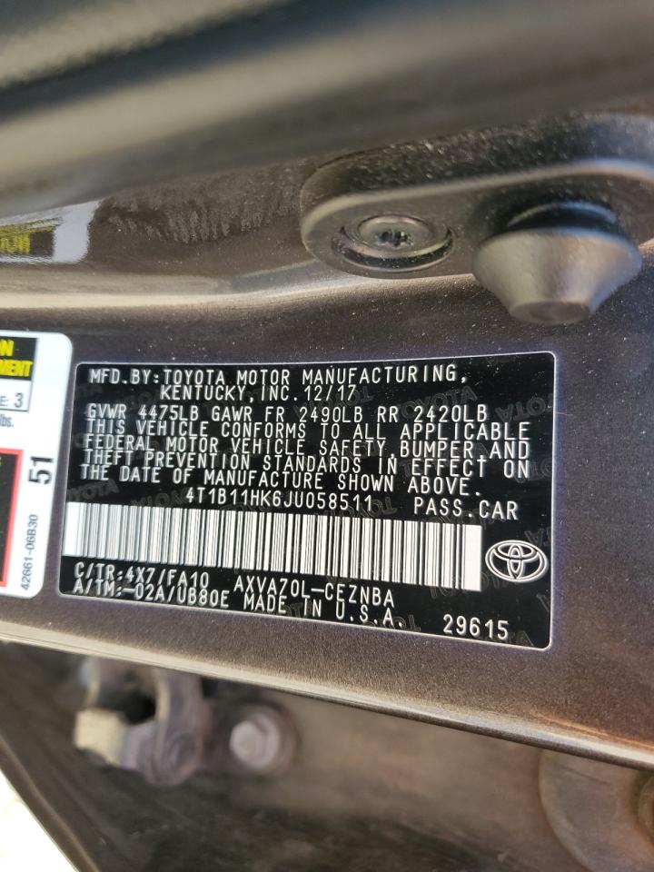 4T1B11HK6JU058511 2018 Toyota Camry L