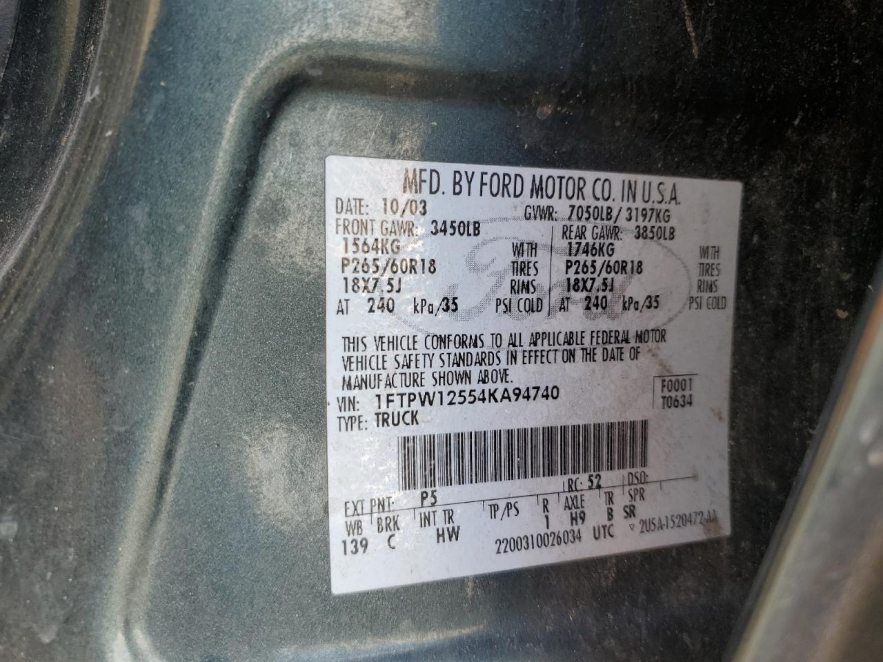 2004 Ford F150 Supercrew VIN: 1FTPW12554KA94740 Lot: 72189764