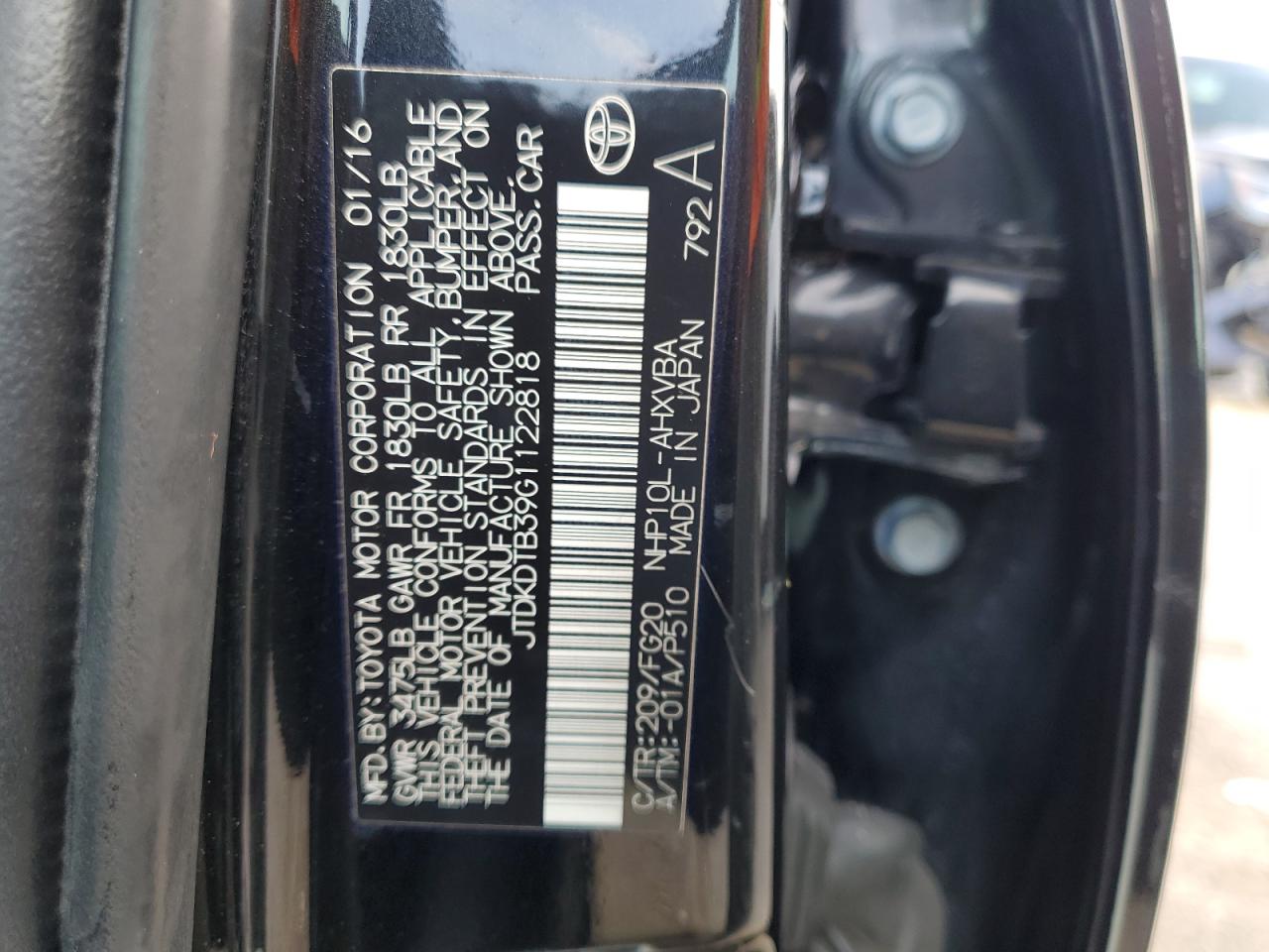 JTDKDTB39G1122818 2016 Toyota Prius C