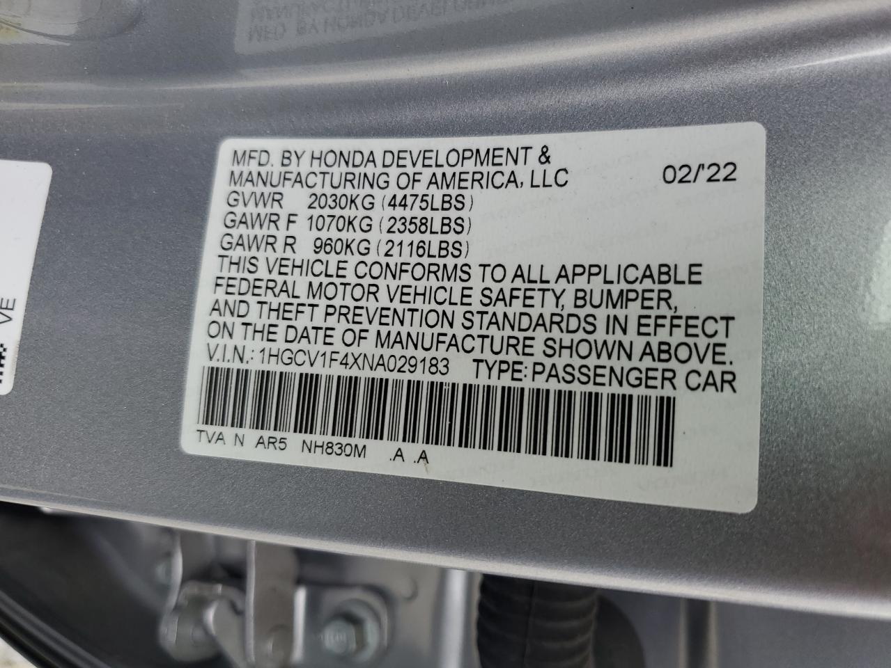 1HGCV1F4XNA029183 2022 Honda Accord Sport Se