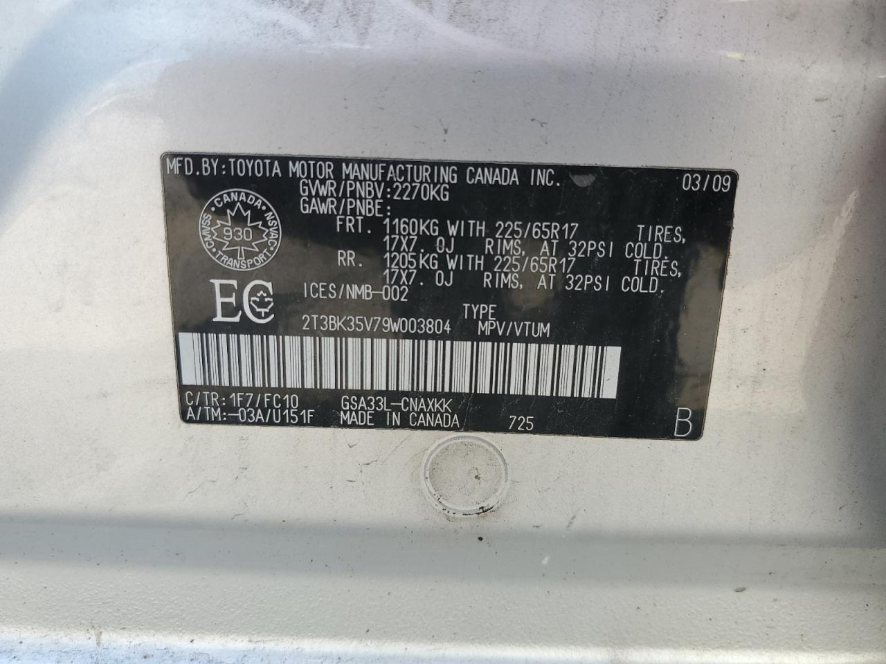 2T3BK35V79W003804 2009 Toyota Rav4