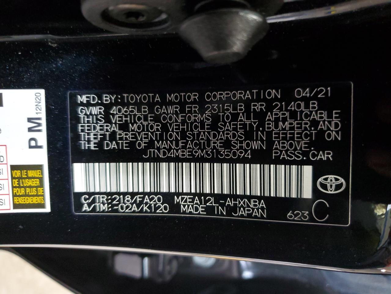 2021 Toyota Corolla Se VIN: JTND4MBE9M3135094 Lot: 71599094