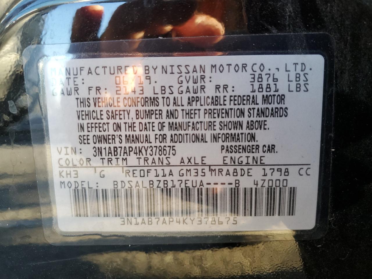 3N1AB7AP4KY378675 2019 Nissan Sentra S