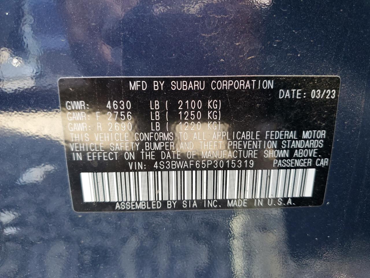 4S3BWAF65P3015319 2023 Subaru Legacy Premium