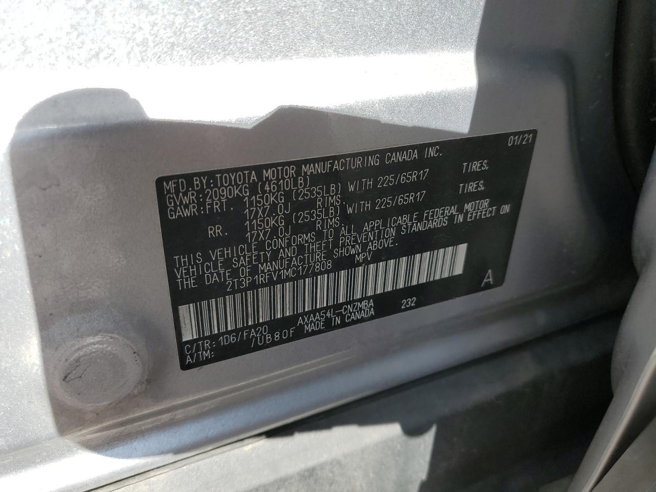 2T3P1RFV1MC177808 2021 Toyota Rav4 Xle