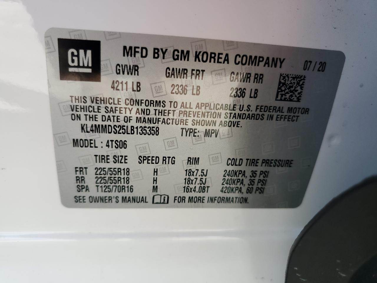 KL4MMDS25LB135358 2020 Buick Encore Gx Select