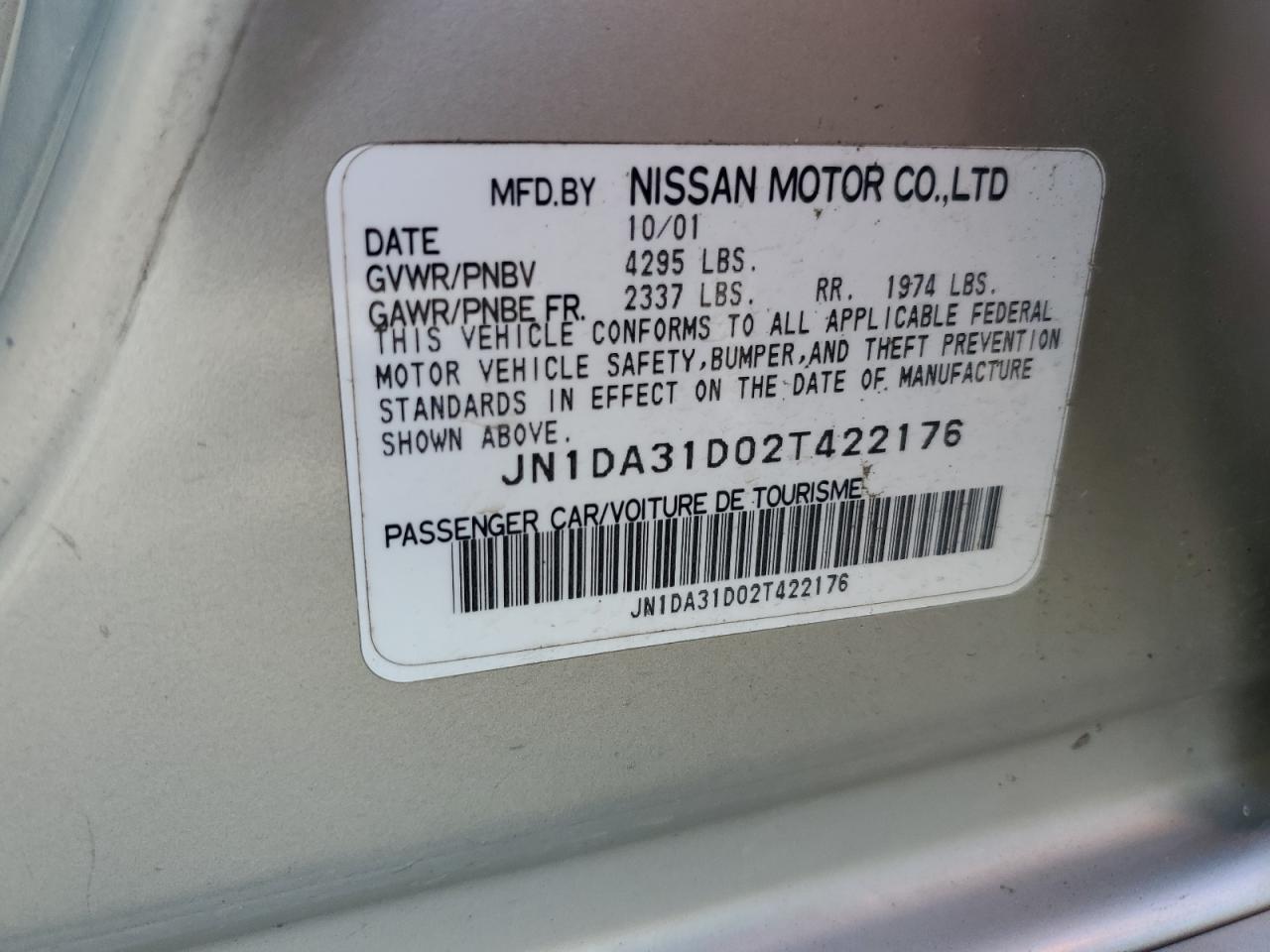 JN1DA31D02T422176 2002 Nissan Maxima Gle