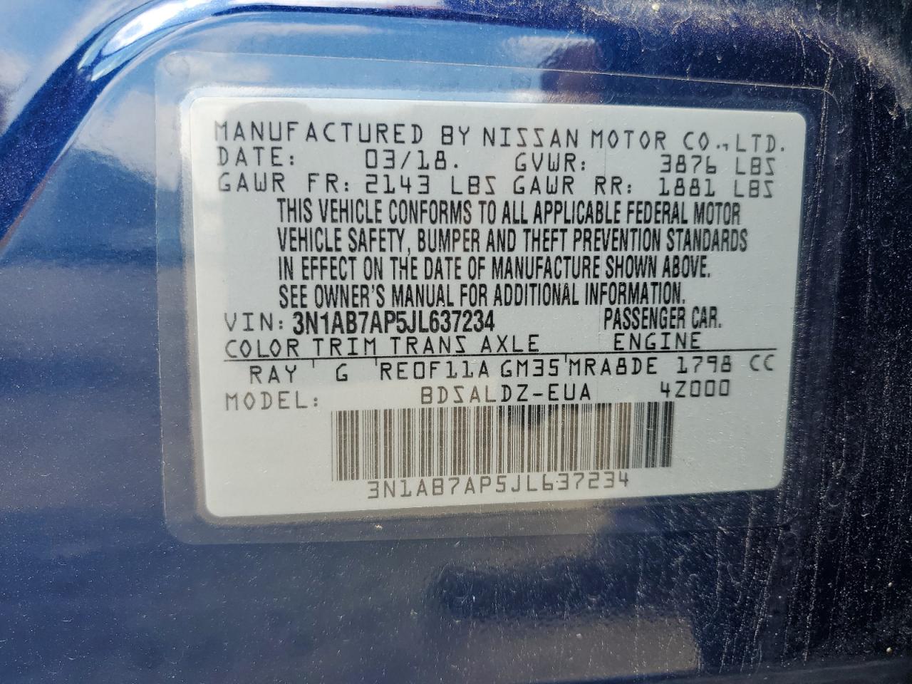 3N1AB7AP5JL637234 2018 Nissan Sentra S