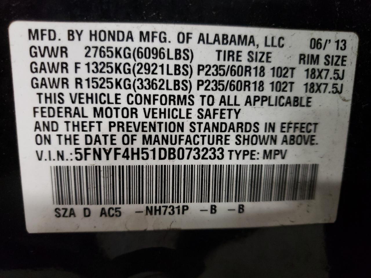 5FNYF4H51DB073233 2013 Honda Pilot Exl