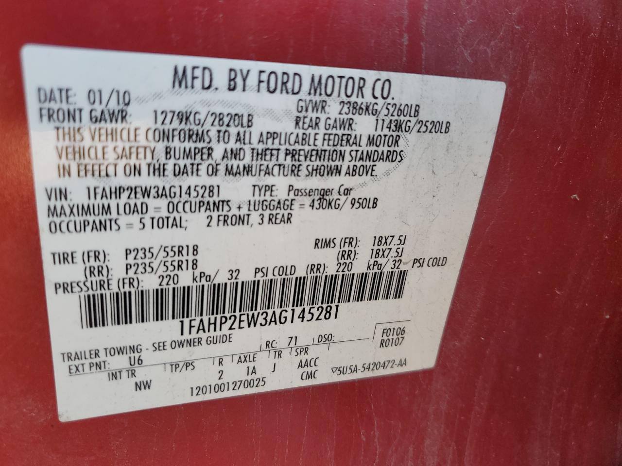 2010 Ford Taurus Sel VIN: 1FAHP2EW3AG145281 Lot: 70603904