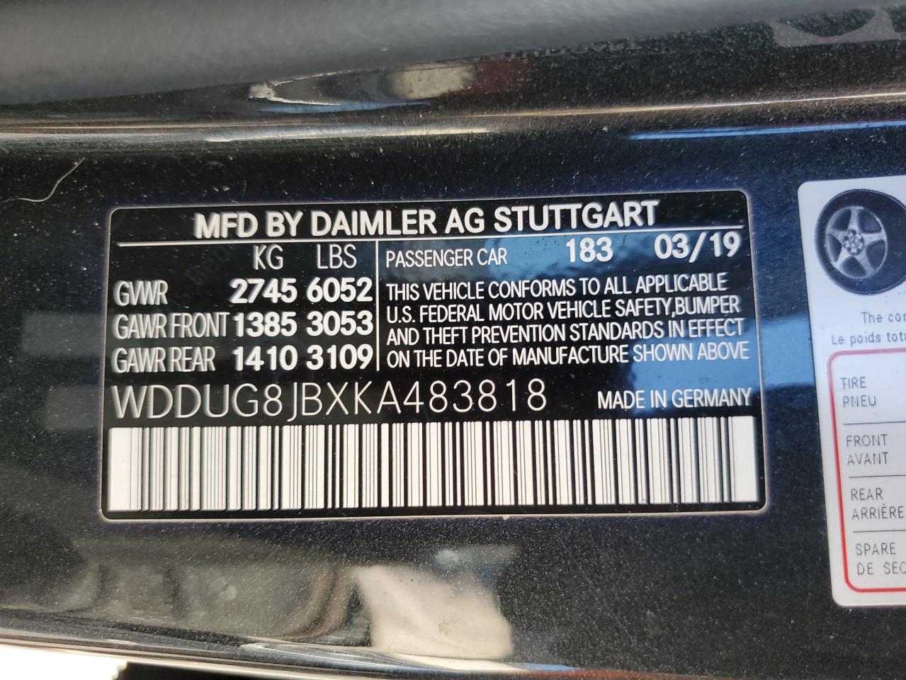 WDDUG8JBXKA483818 2019 Mercedes-Benz S 63 Amg 4Matic