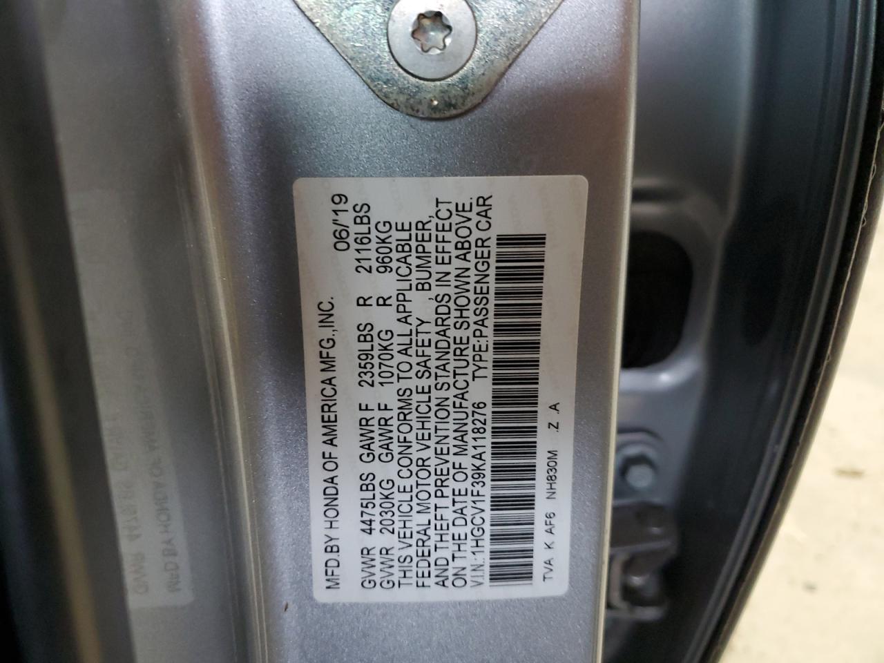 1HGCV1F39KA118276 2019 Honda Accord Sport