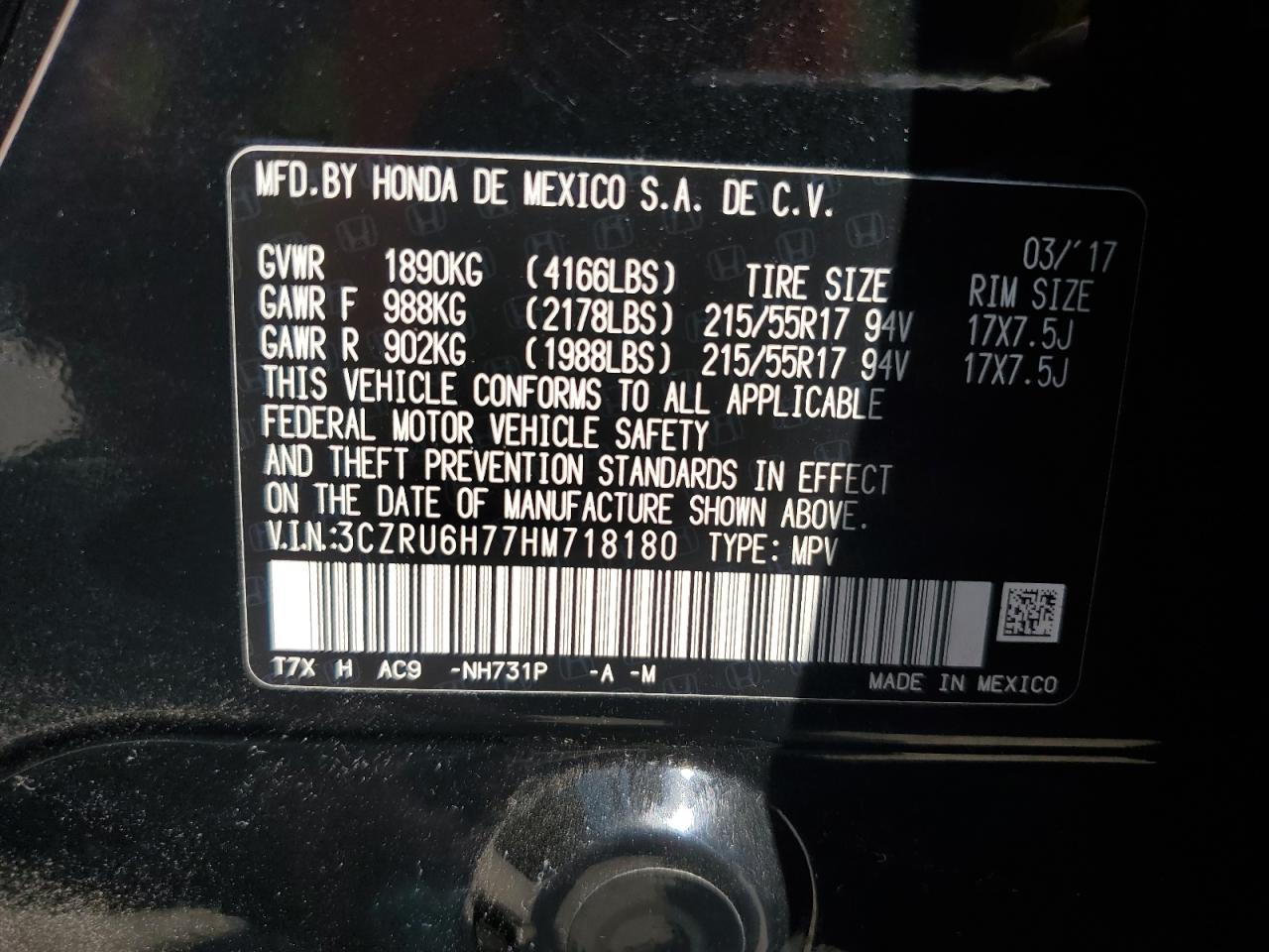 3CZRU6H77HM718180 2017 Honda Hr-V Exl