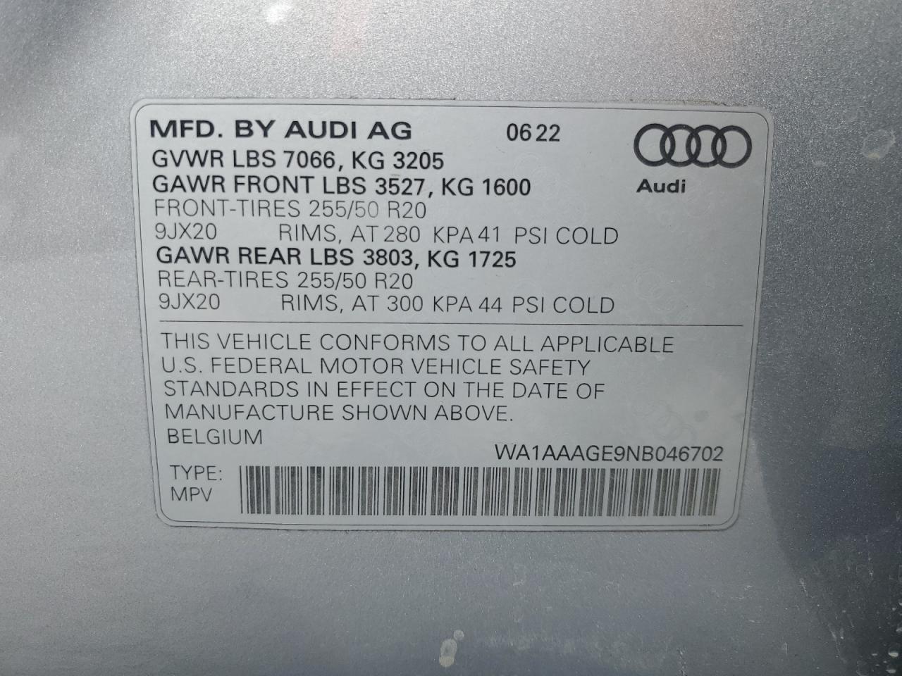 2022 Audi E-Tron Premium VIN: WA1AAAGE9NB046702 Lot: 69697064