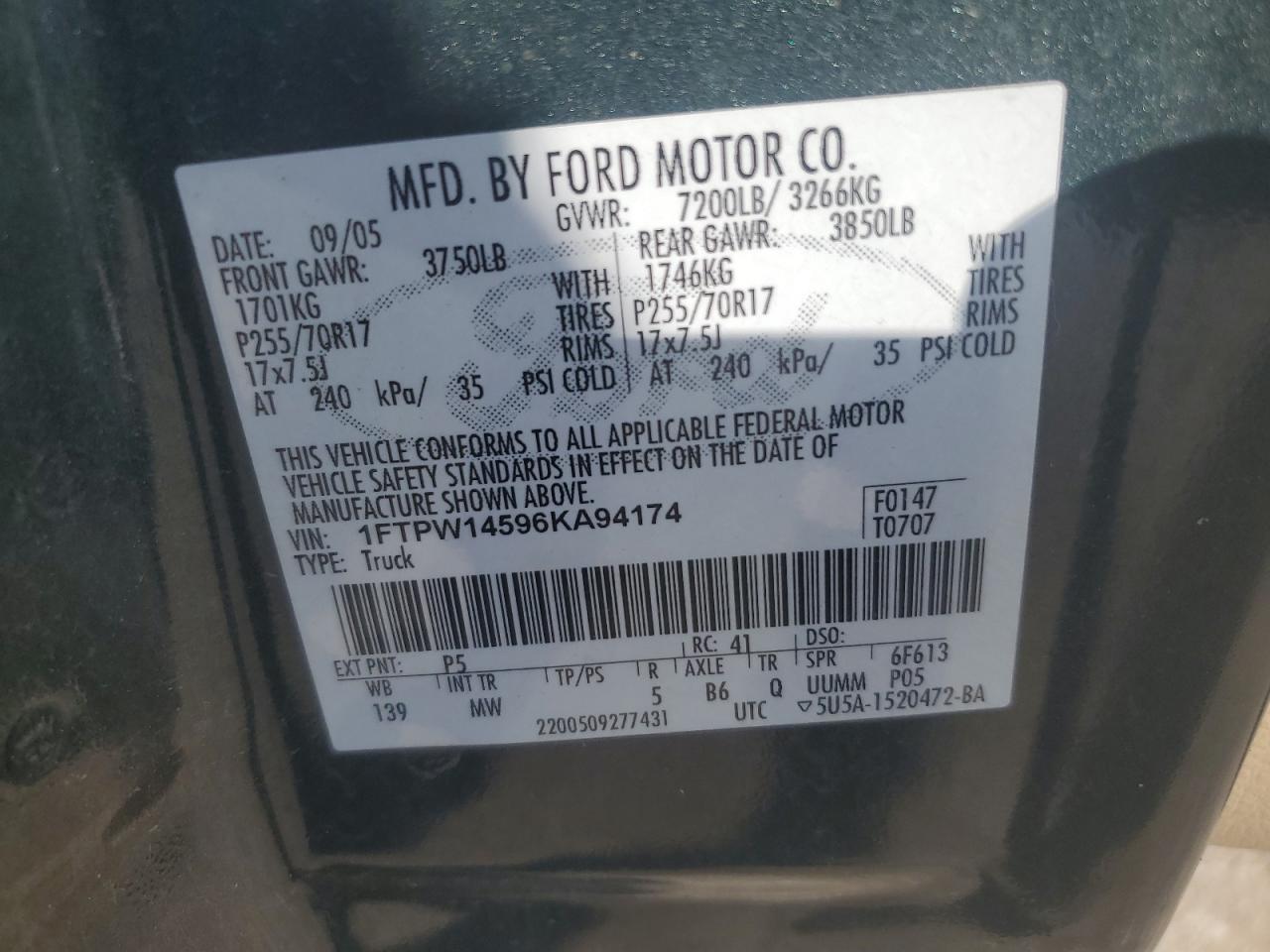 1FTPW14596KA94174 2006 Ford F150 Supercrew