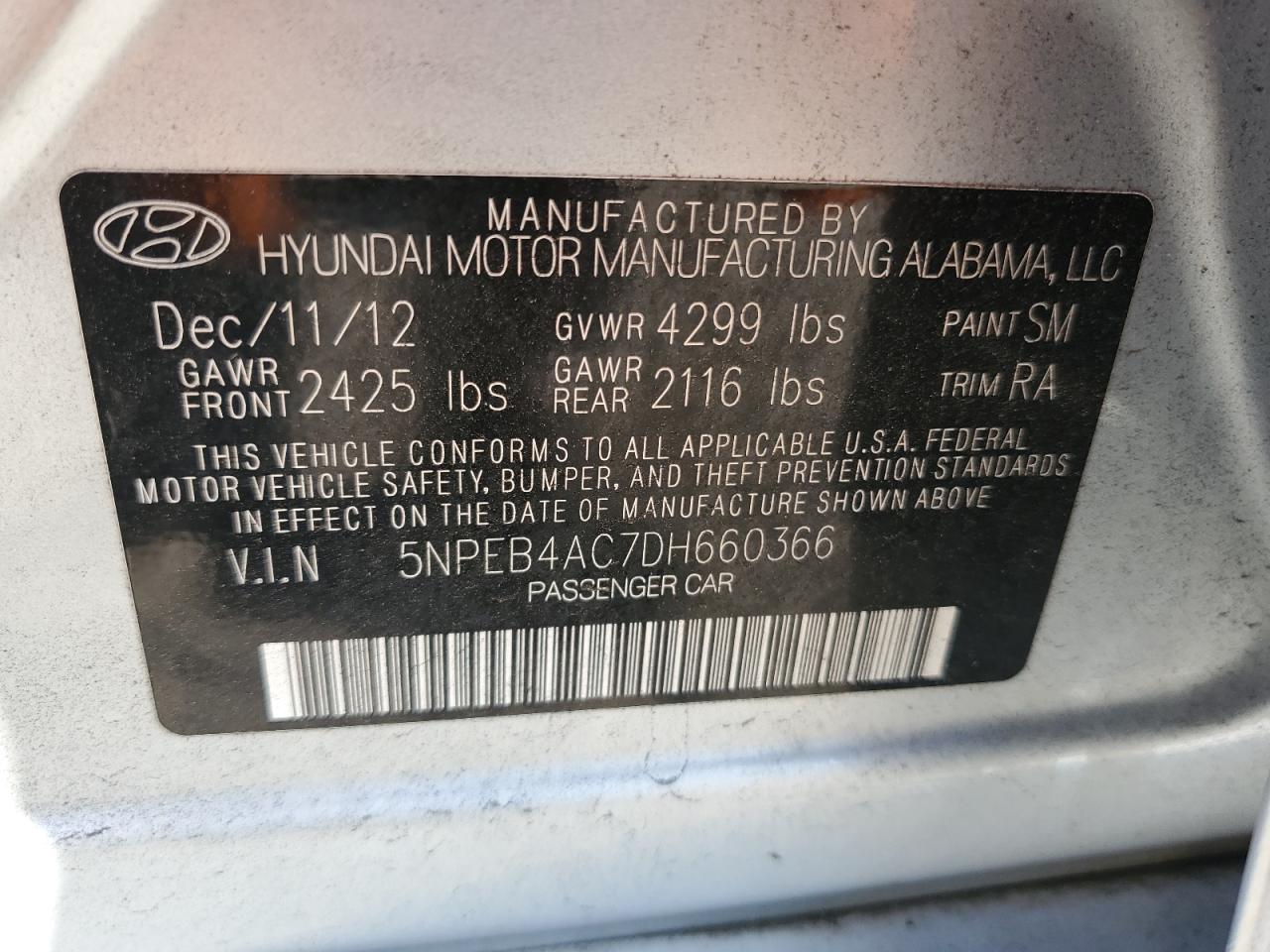 5NPEB4AC7DH660366 2013 Hyundai Sonata Gls