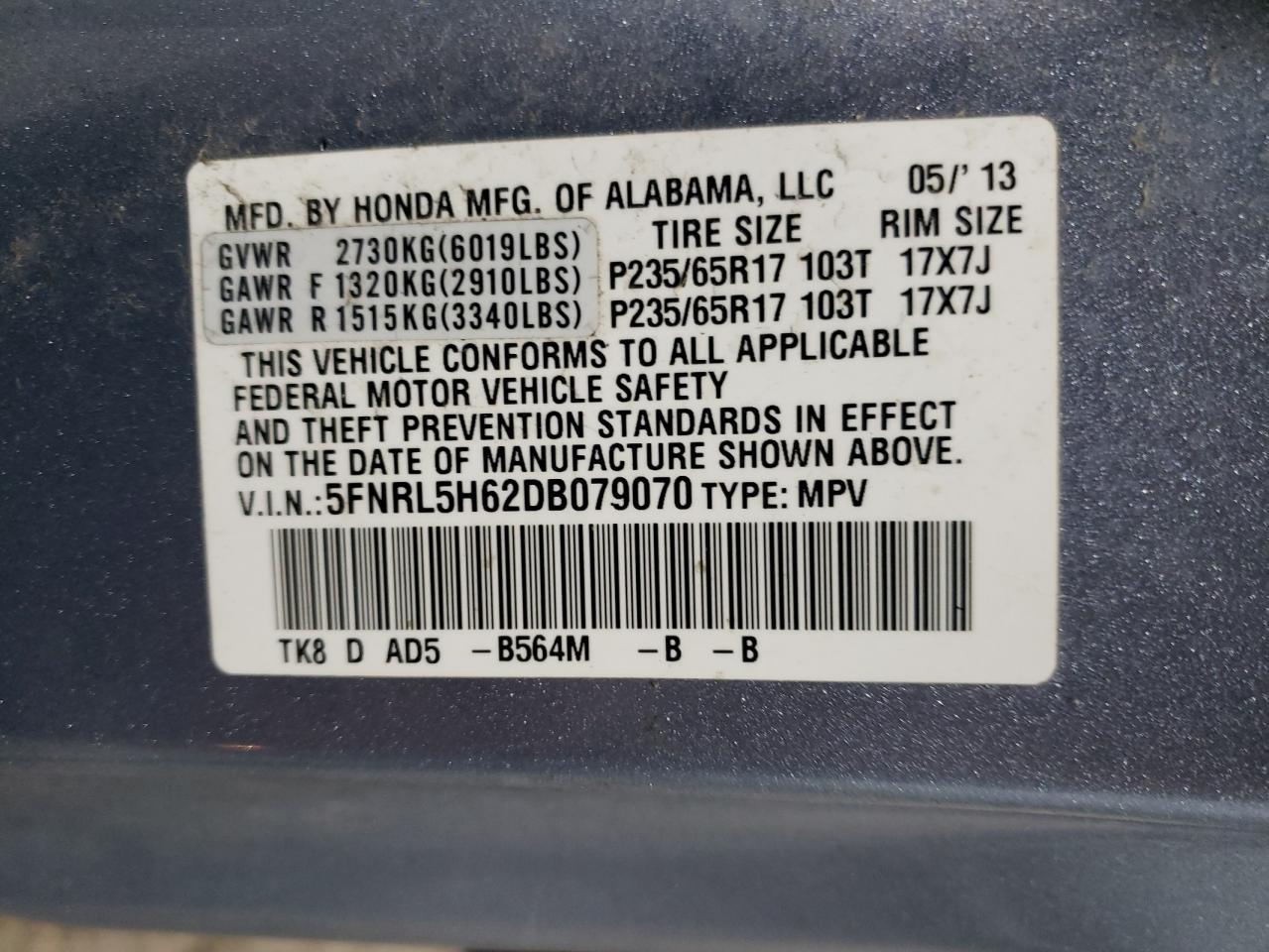 2013 Honda Odyssey Exl VIN: 5FNRL5H62DB079070 Lot: 71342194