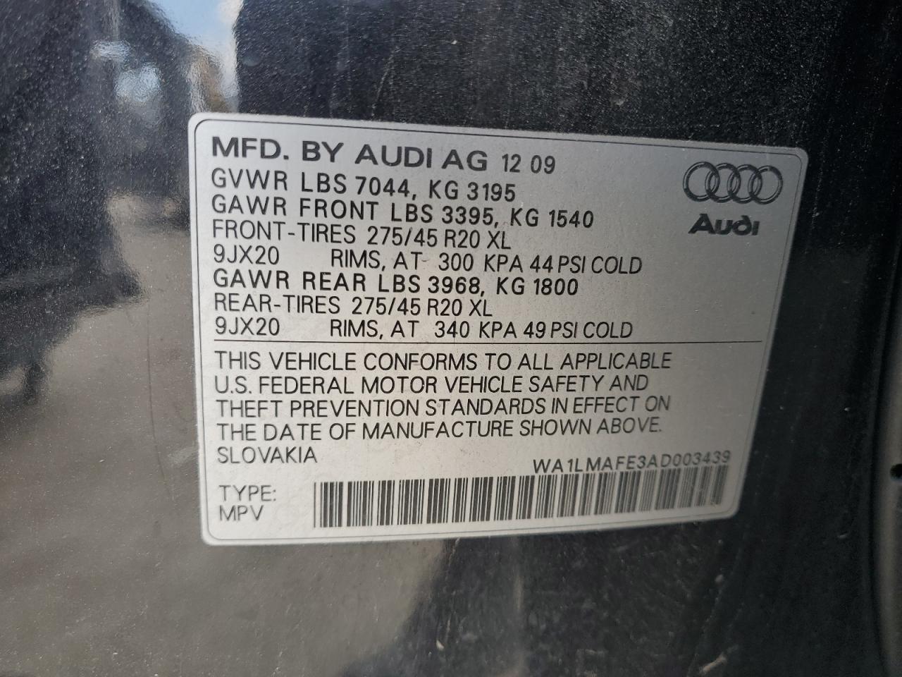 2010 Audi Q7 Premium Plus VIN: WA1LMAFE3AD003439 Lot: 72647054