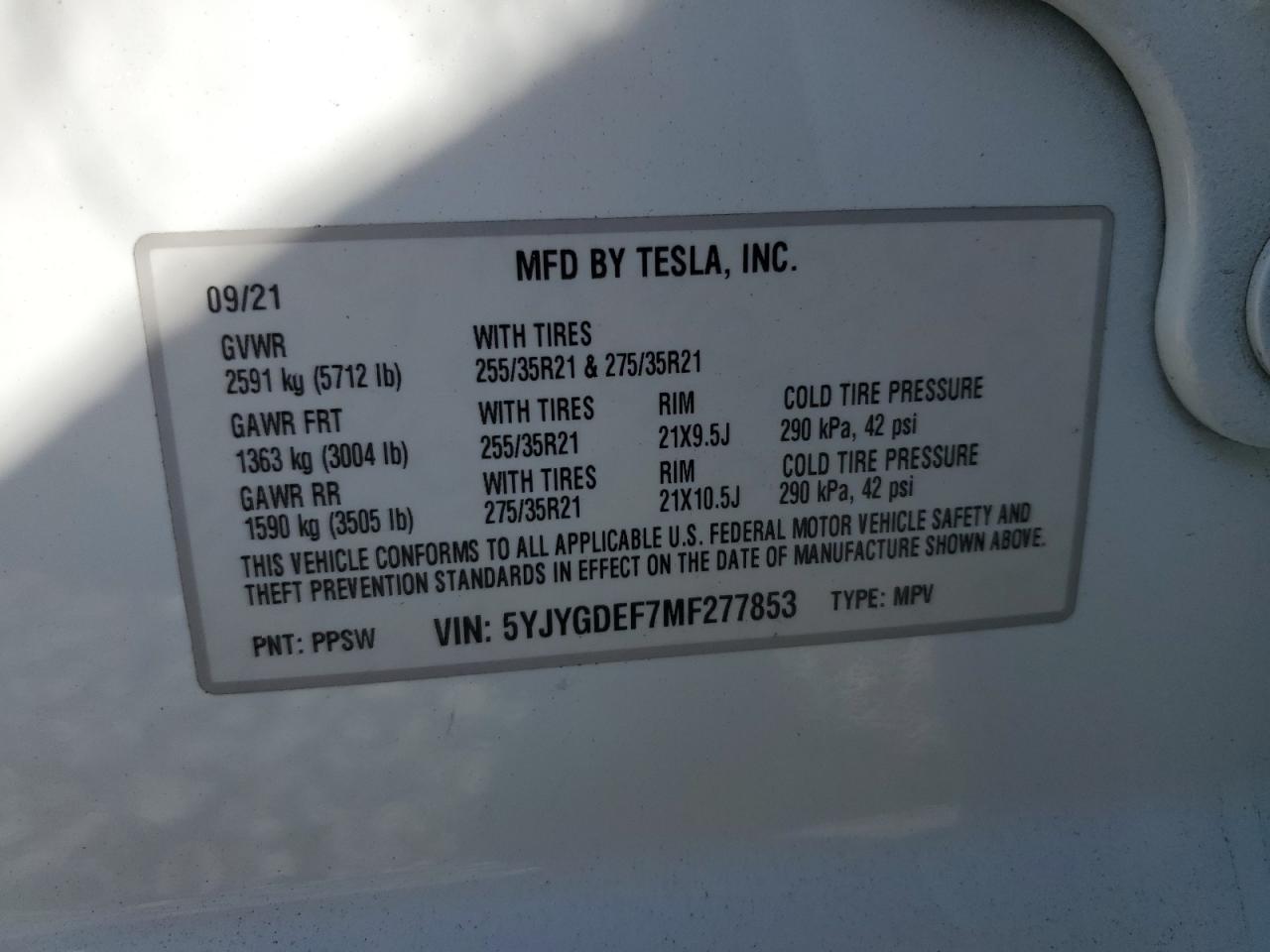 5YJYGDEF7MF277853 2021 Tesla Model Y