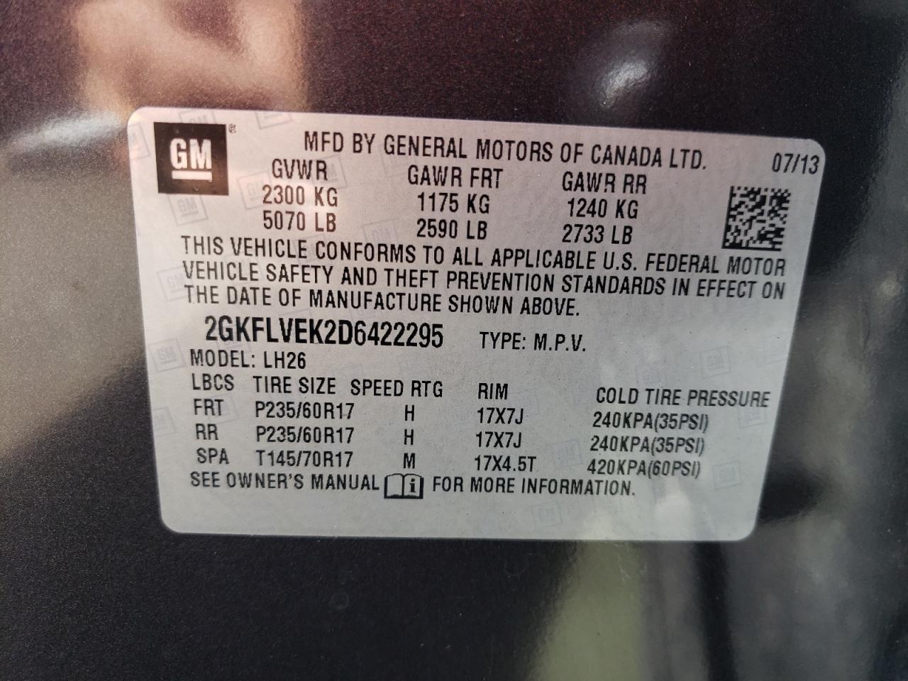 2GKFLVEK2D6422295 2013 GMC Terrain Slt