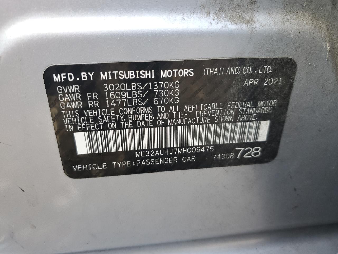 2021 Mitsubishi Mirage Es VIN: ML32AUHJ7MH009475 Lot: 72345304