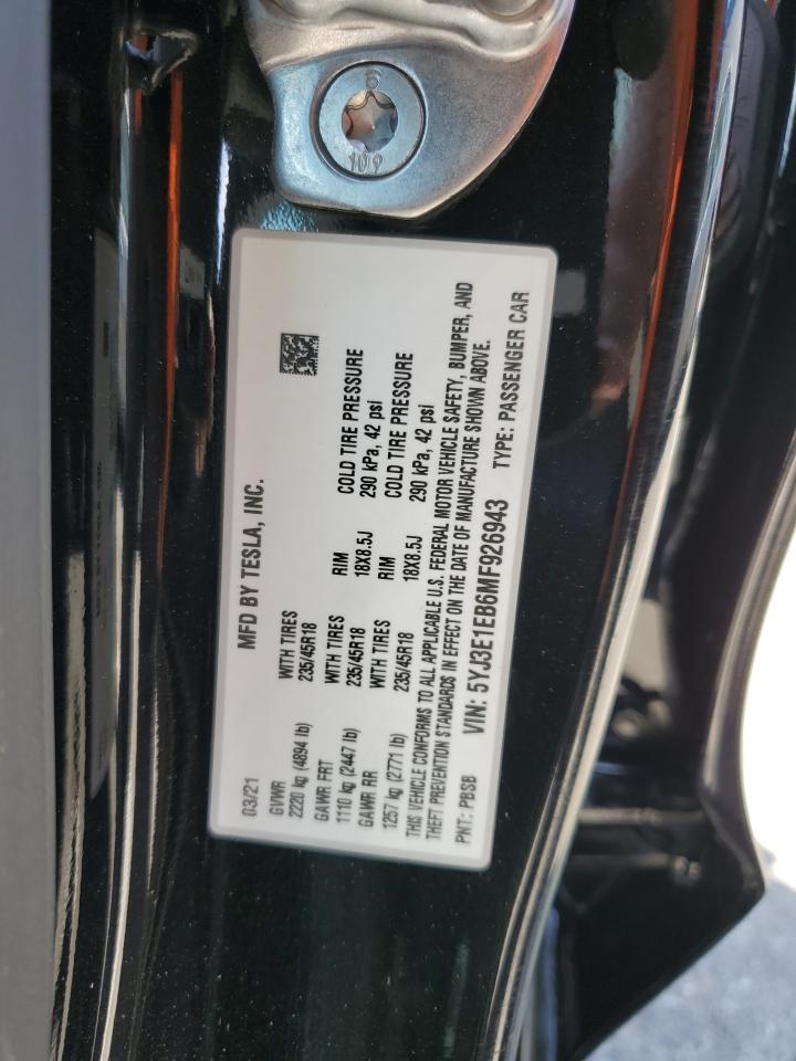 5YJ3E1EB6MF926943 2021 TESLA MODEL 3 - Image 12