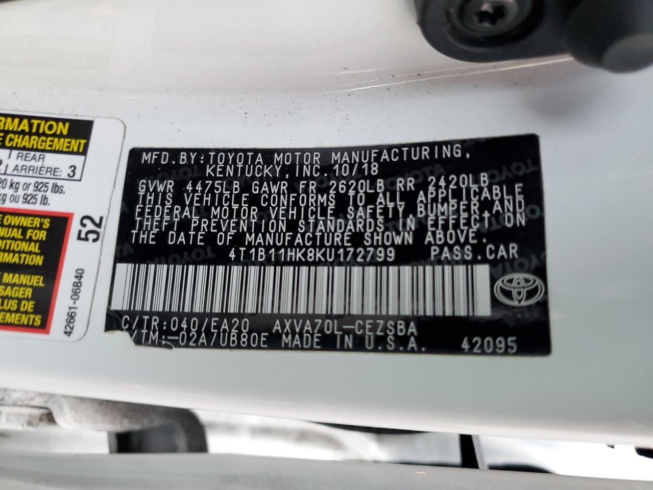 4T1B11HK8KU172799 2019 TOYOTA CAMRY - Image 12