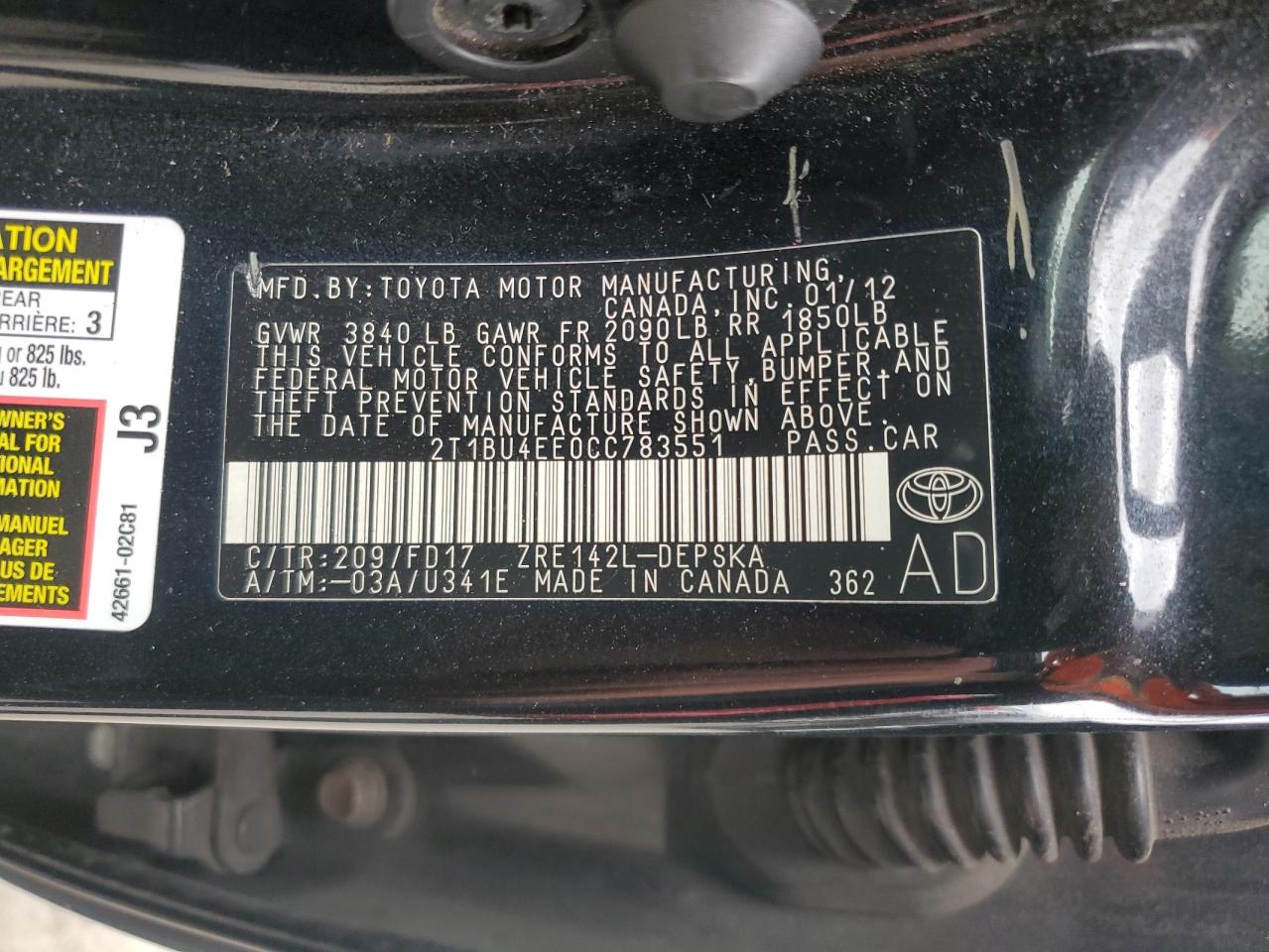 2T1BU4EE0CC783551 2012 Toyota Corolla Base