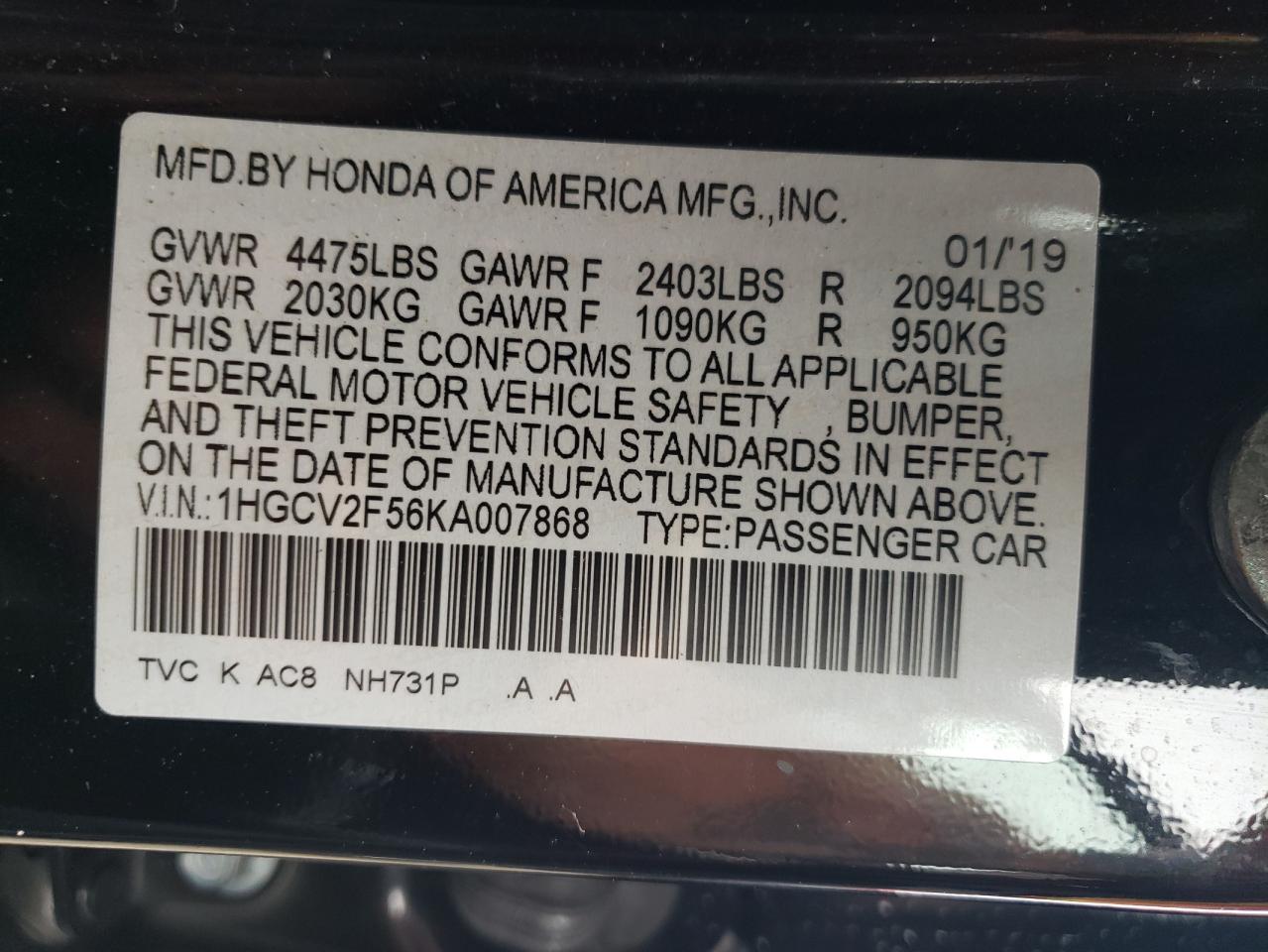 1HGCV2F56KA007868 2019 Honda Accord Exl