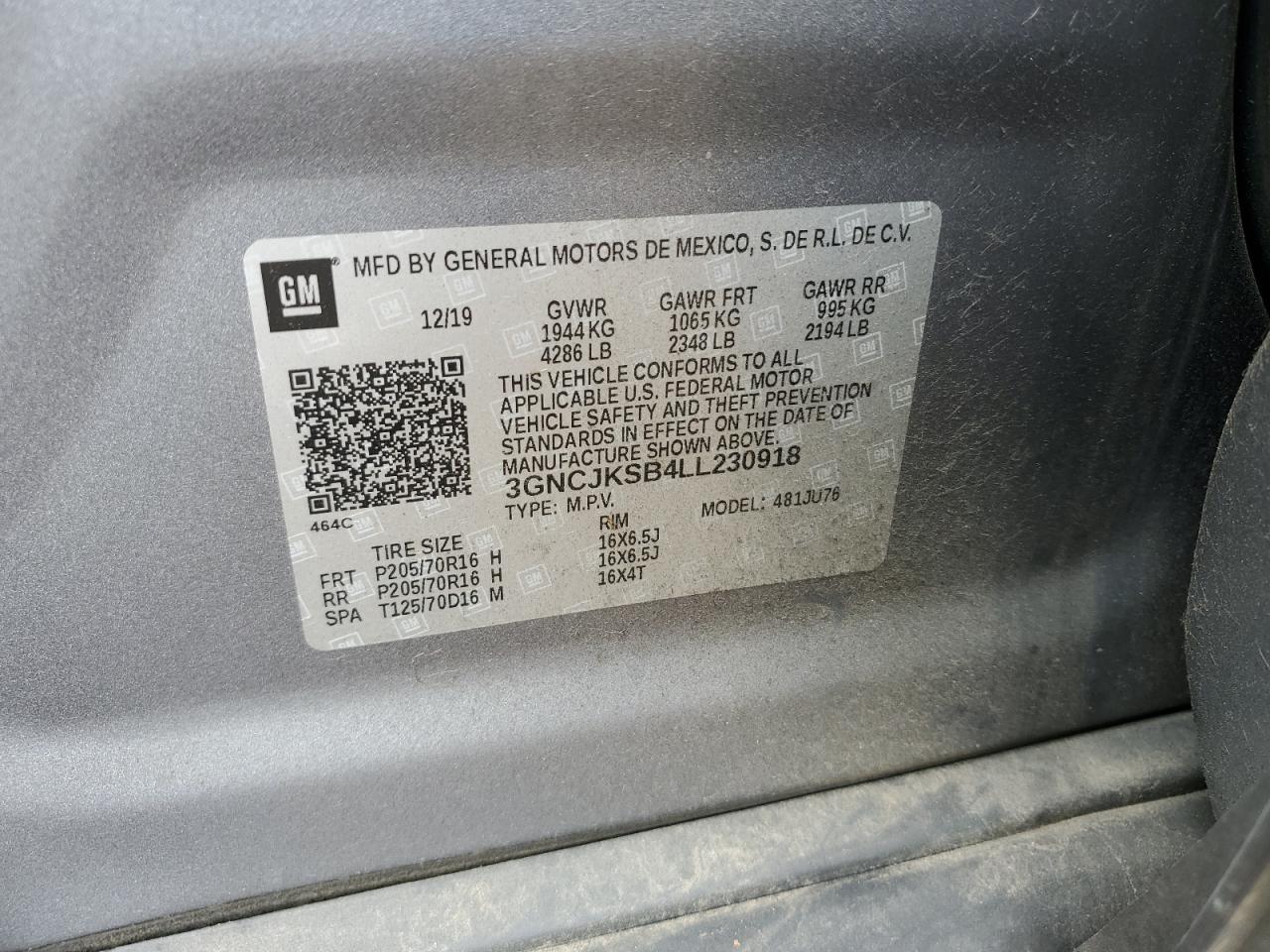 3GNCJKSB4LL230918 2020 Chevrolet Trax Ls