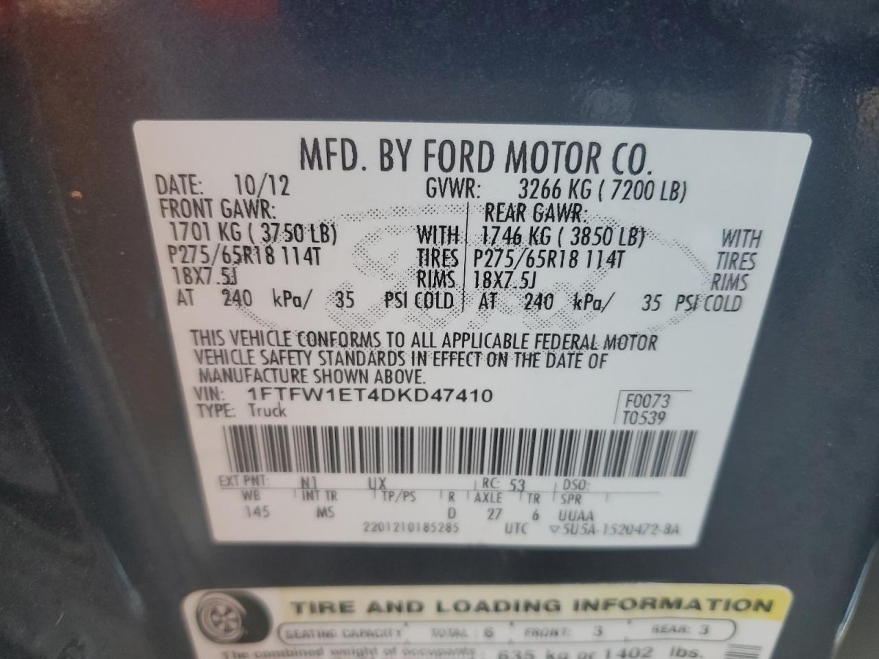 2013 Ford F150 Supercrew VIN: 1FTFW1ET4DKD47410 Lot: 70585404