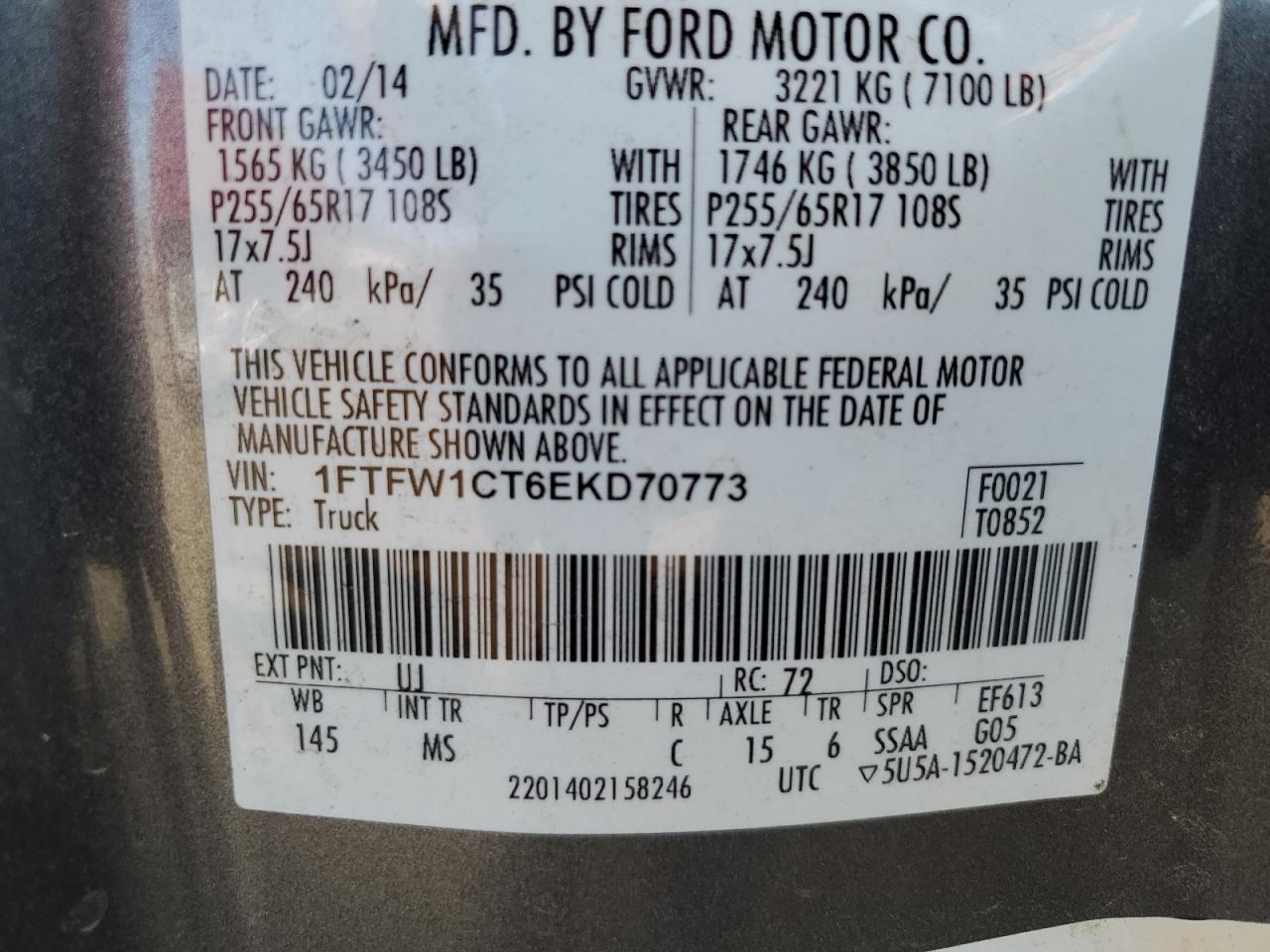 1FTFW1CT6EKD70773 2014 Ford F150 Supercrew