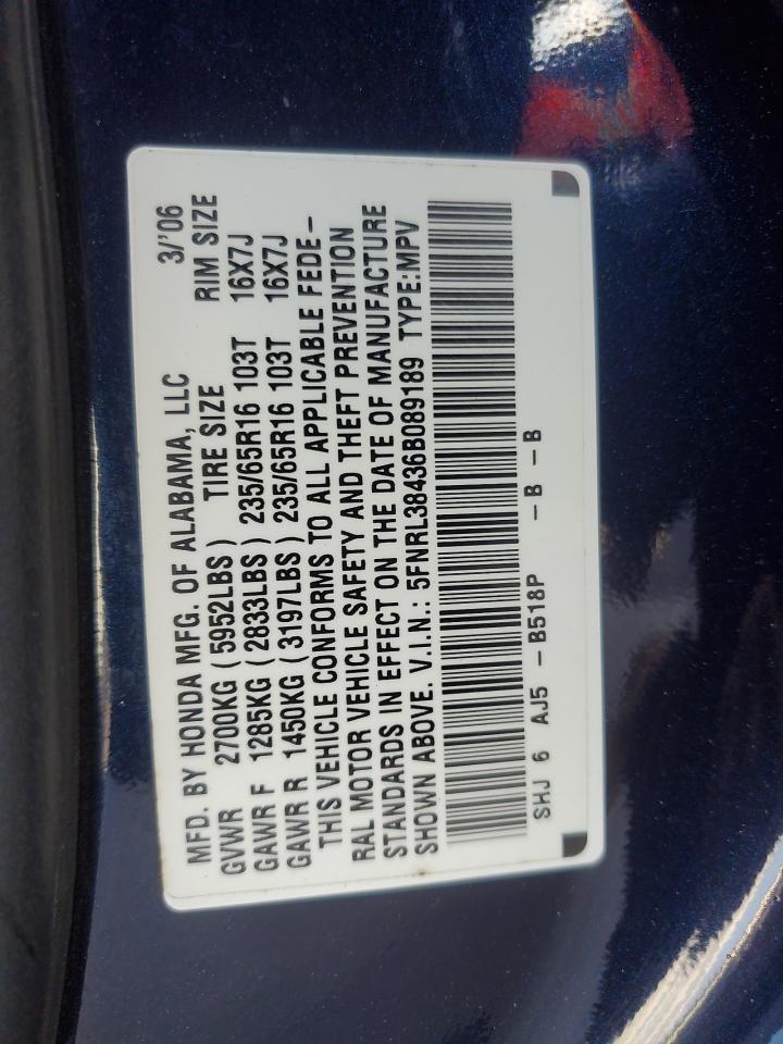 5FNRL38436B089189 2006 Honda Odyssey Ex