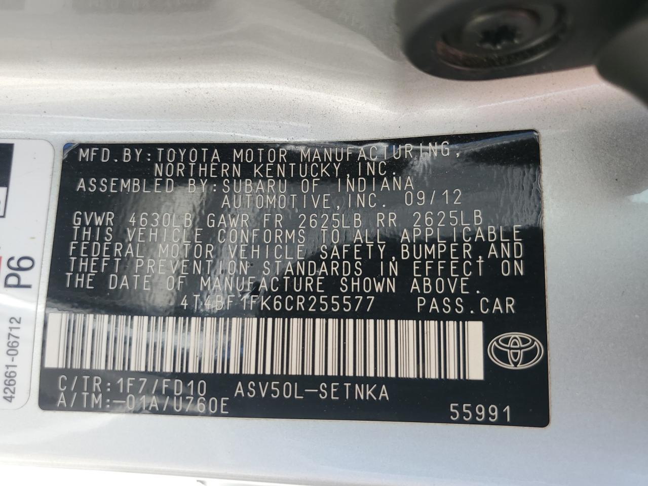 4T4BF1FK6CR255577 2012 Toyota Camry Base