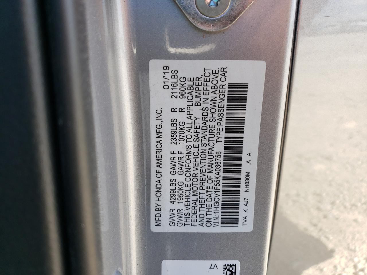 1HGCV1F55KA036756 2019 Honda Accord Exl