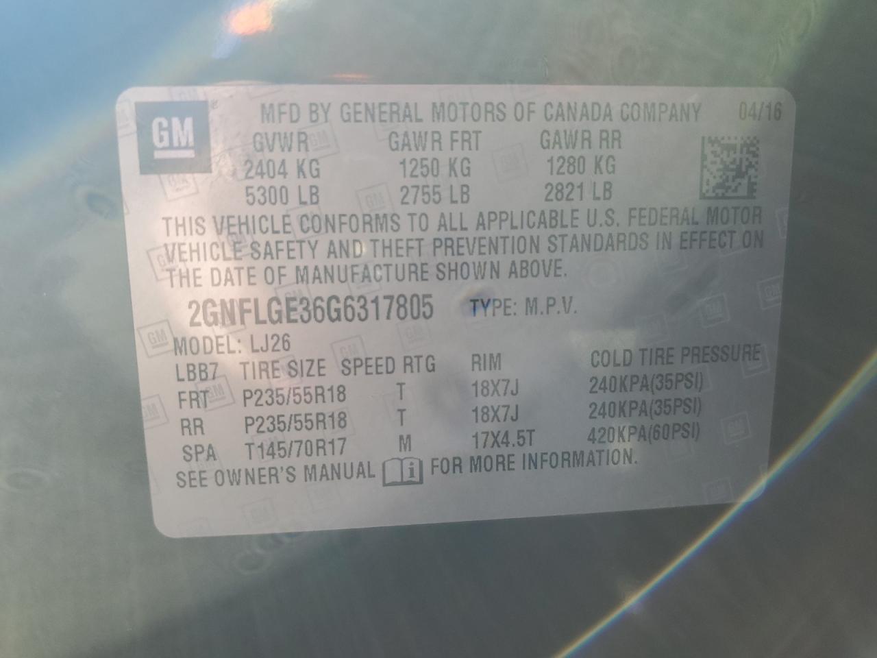 2GNFLGE36G6317805 2016 Chevrolet Equinox Ltz