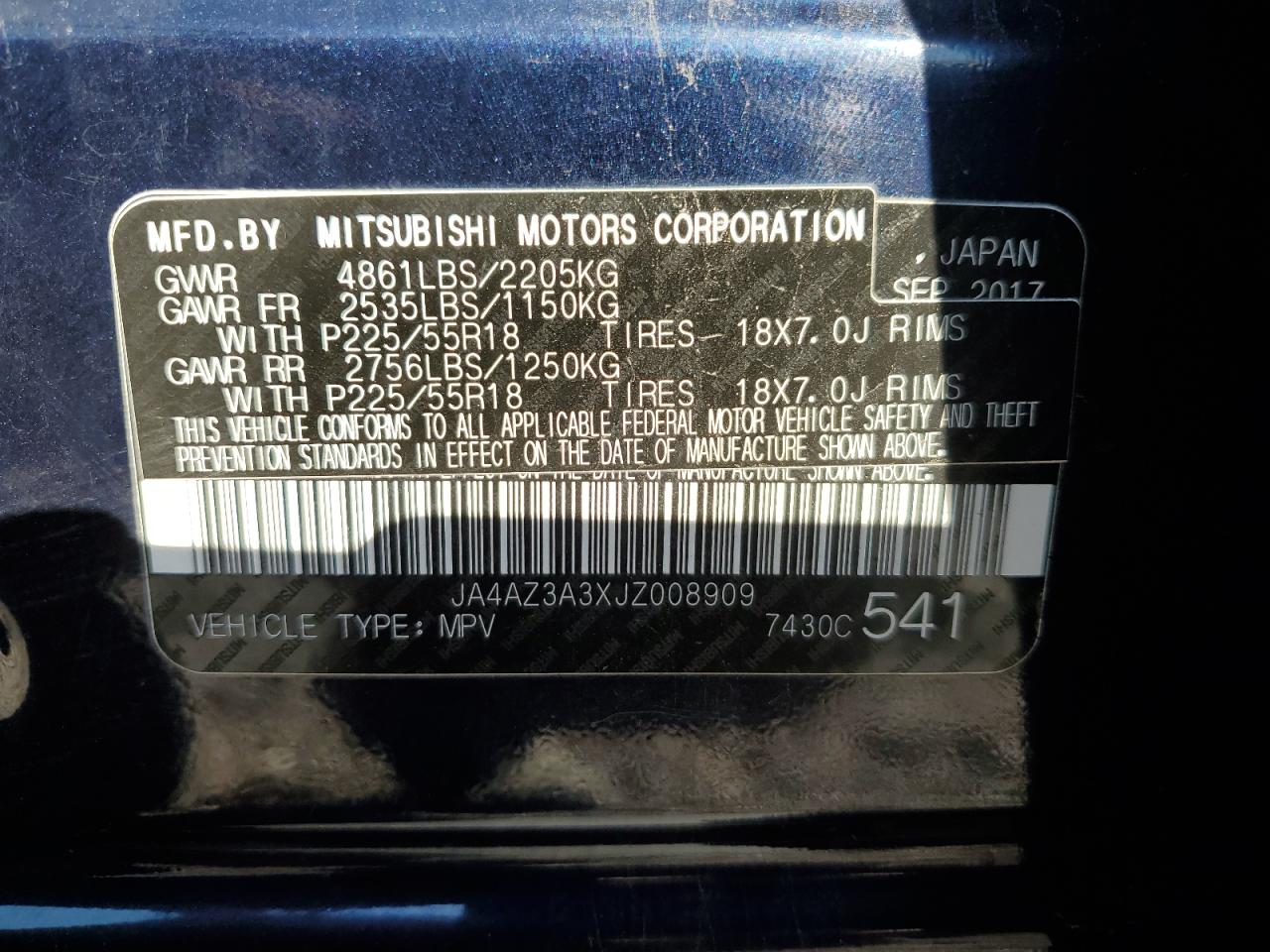 JA4AZ3A3XJZ008909 2018 Mitsubishi Outlander Se