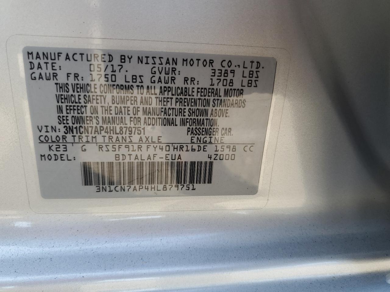 3N1CN7AP4HL879751 2017 Nissan Versa S