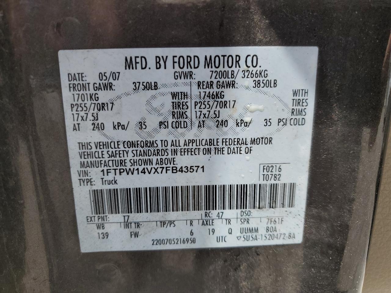 2007 Ford F150 Supercrew VIN: 1FTPW14VX7FB43571 Lot: 70700964