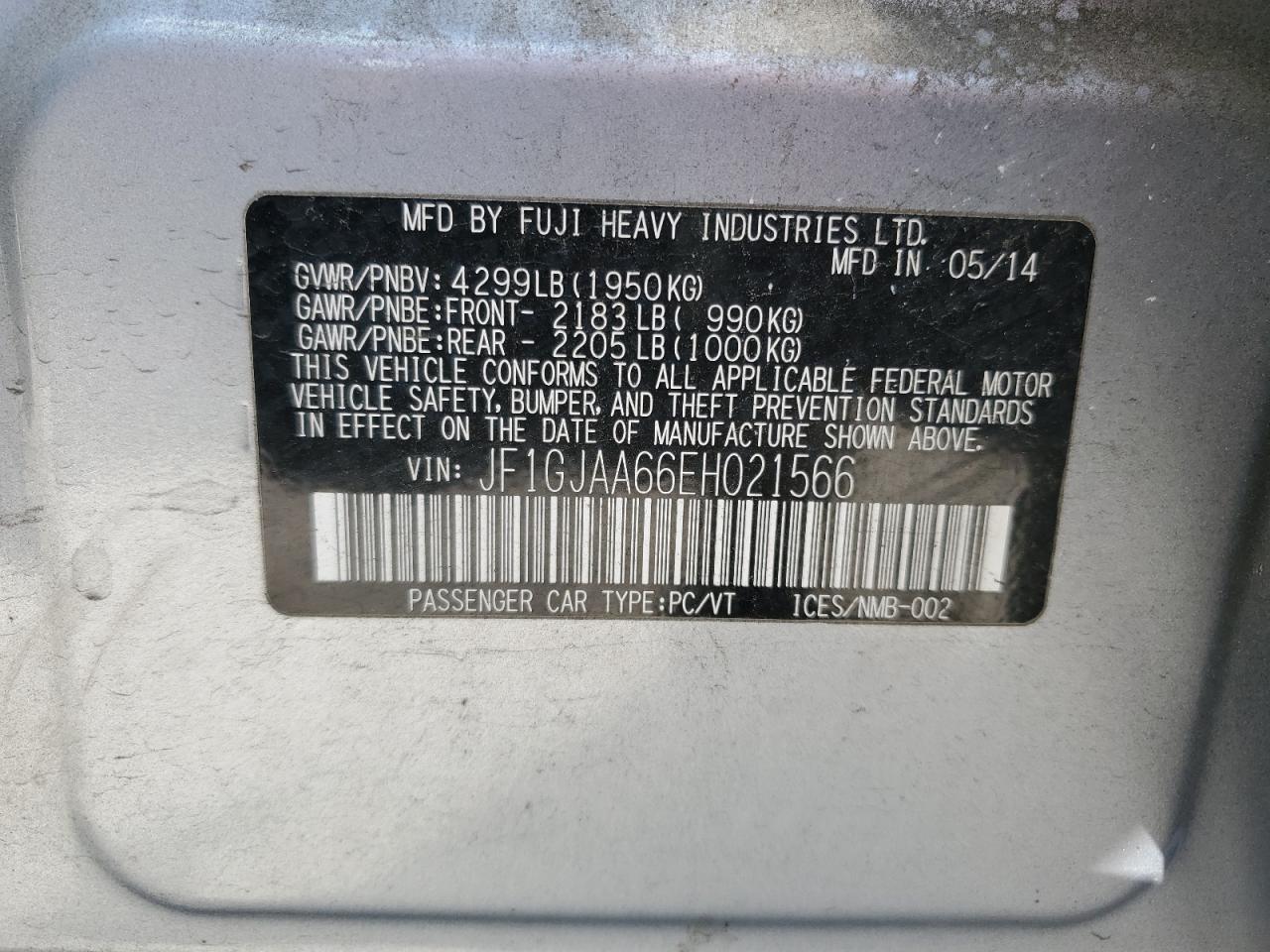 2014 Subaru Impreza VIN: JF1GJAA66EH021566 Lot: 71758494