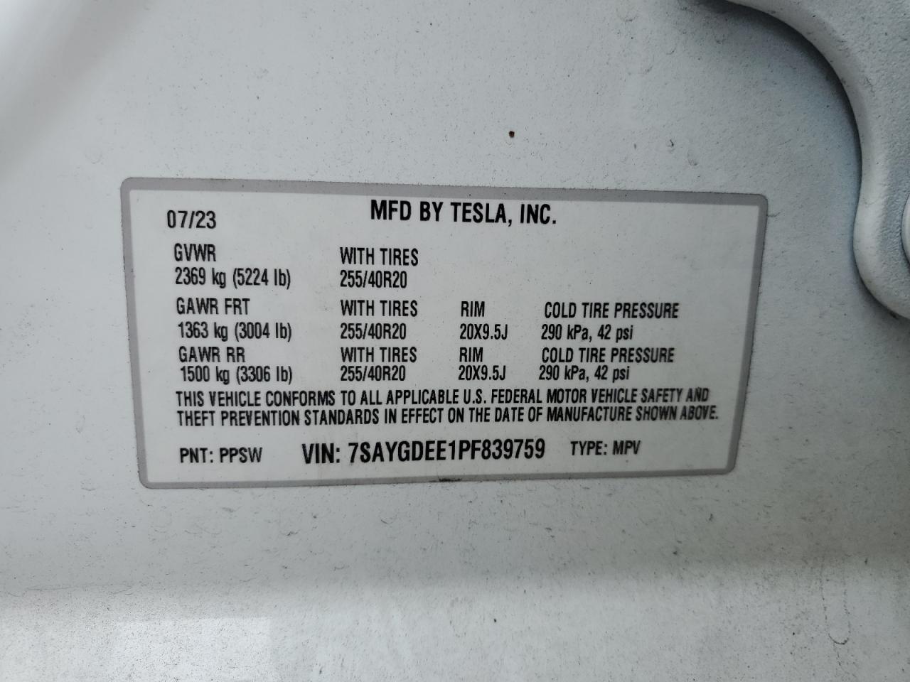 2023 Tesla Model Y VIN: 7SAYGDEE1PF839759 Lot: 70635624