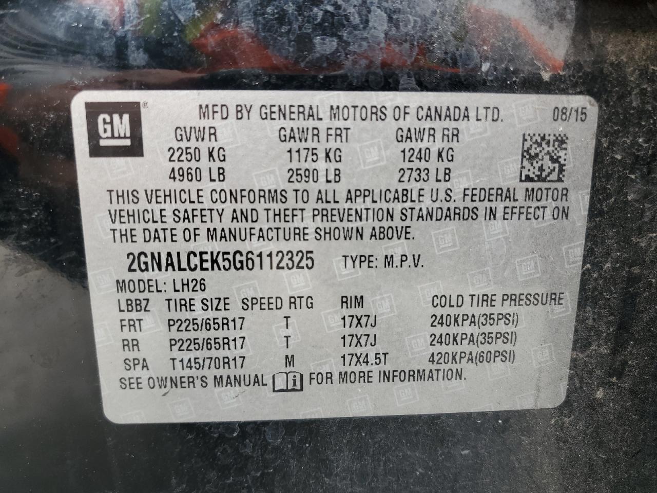 2GNALCEK5G6112325 2016 Chevrolet Equinox Lt