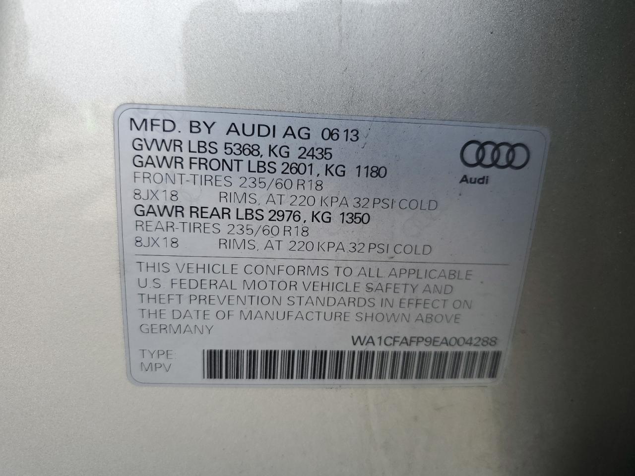 WA1CFAFP9EA004288 2014 Audi Q5 Premium